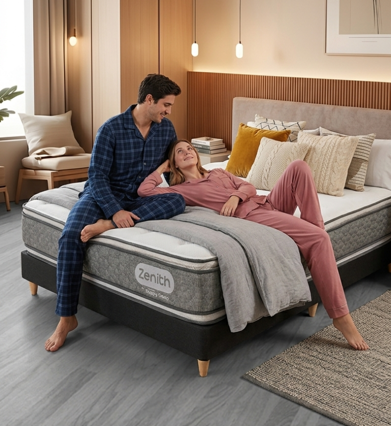 Pareja con pijamas sobre colchón y base Zenith en dormitorio moderno, con almohadas y manta.