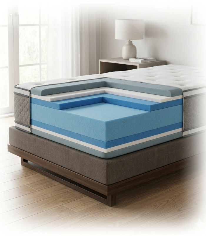 Imagen del colchón Zenith con corte transversal para mostrar sus múltiples capas internas de espuma, posado sobre una base cama en un dormitorio moderno con una ventana al fondo y una mesita de noche.